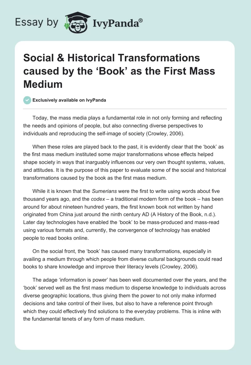 Social & Historical Transformations caused by the ‘Book’ as the First Mass Medium. Page 1