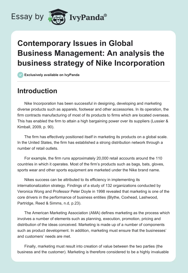 Contemporary Issues in Global Business Management: An Analysis the Business Strategy of Nike Incorporation. Page 1