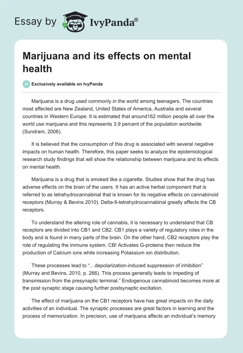 Marijuana and Its Effects on Mental Health. Page 1