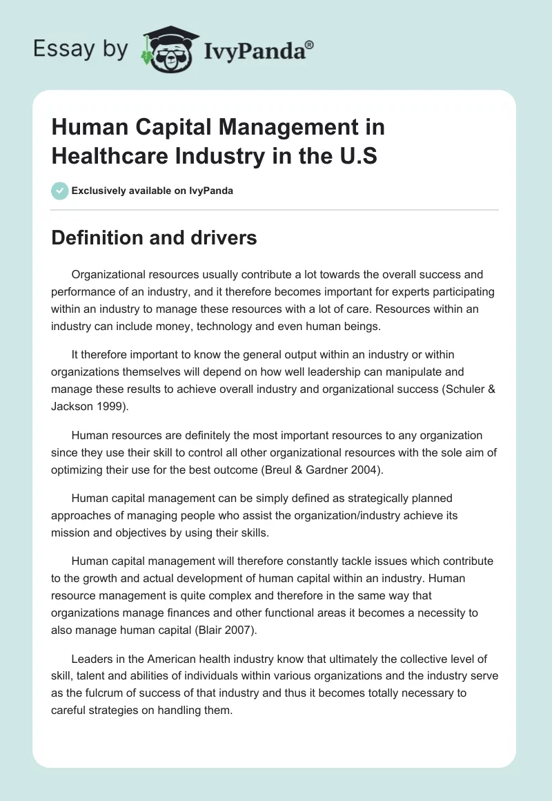 Human Capital Management in Healthcare Industry in the U.S. Page 1