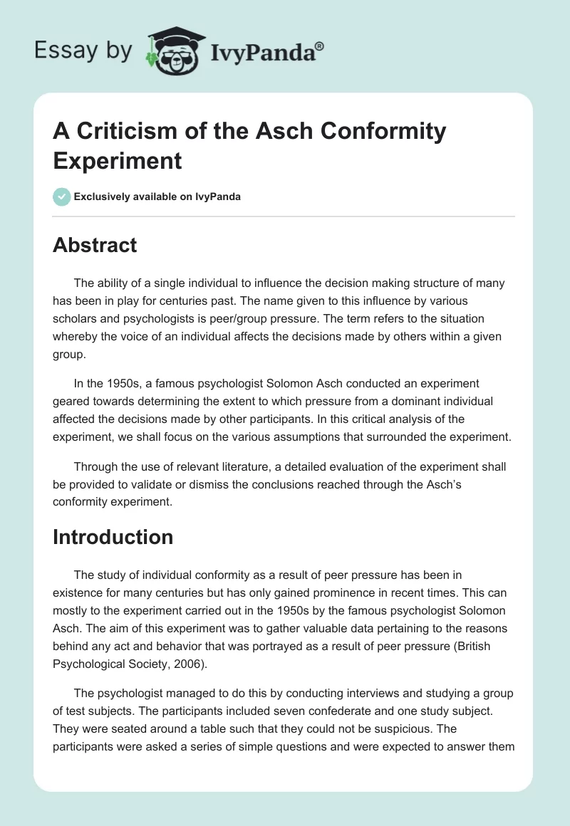 A Criticism of the Asch Conformity Experiment. Page 1