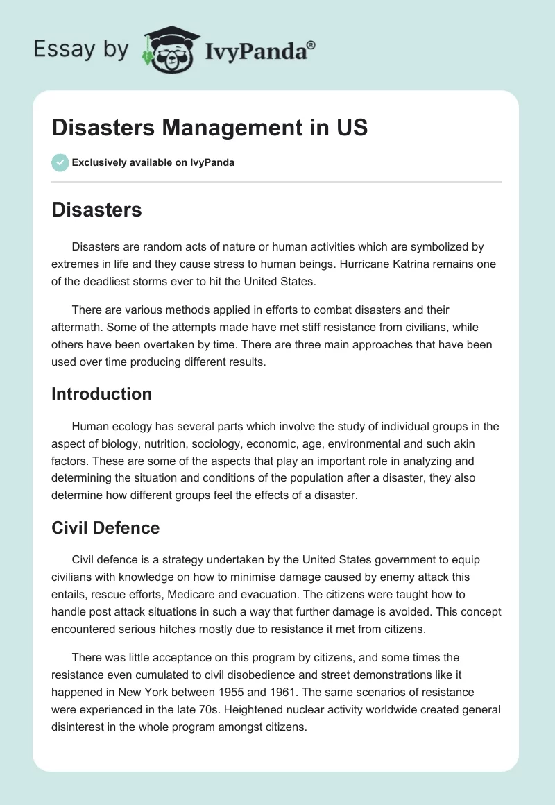 Disasters Management in US. Page 1