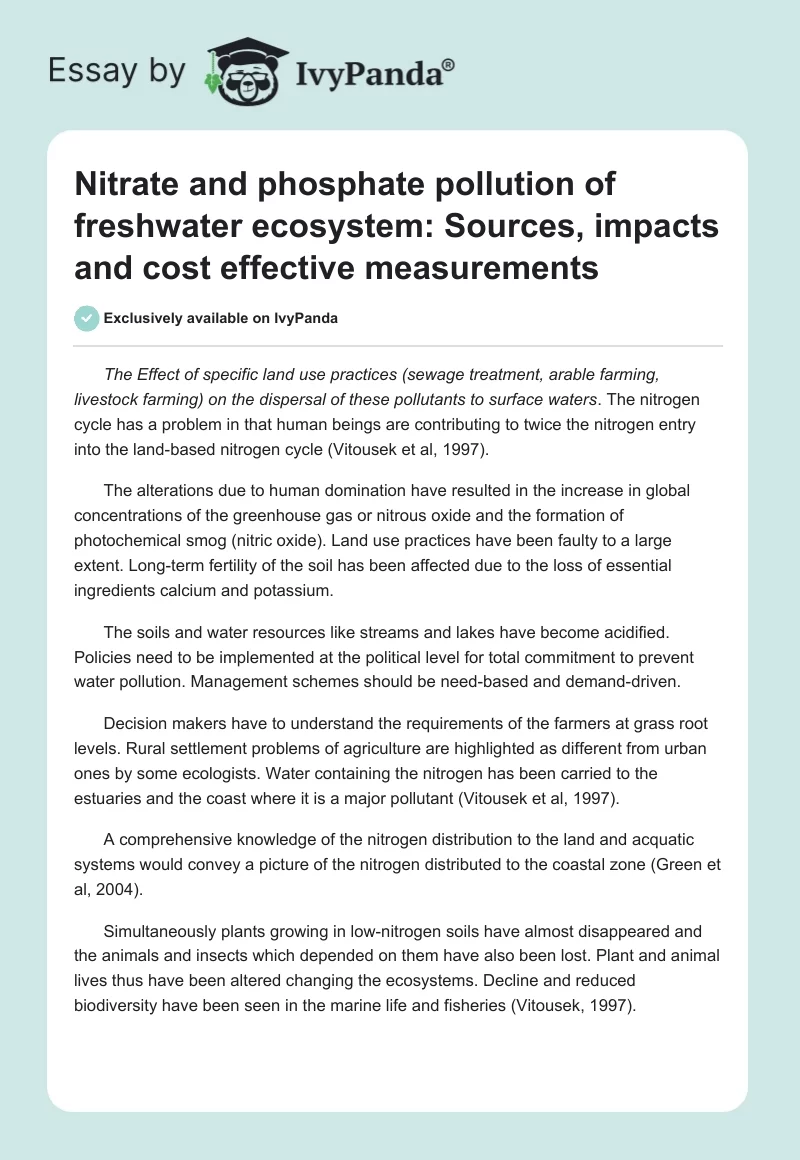Nitrate and Phosphate Pollution of Freshwater Ecosystem: Sources, Impacts and Cost Effective Measurements. Page 1