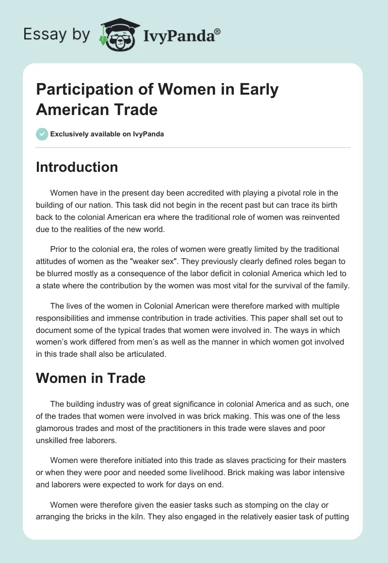 Participation of Women in Early American Trade. Page 1