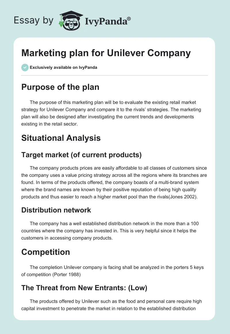 Marketing Plan for Unilever Company. Page 1