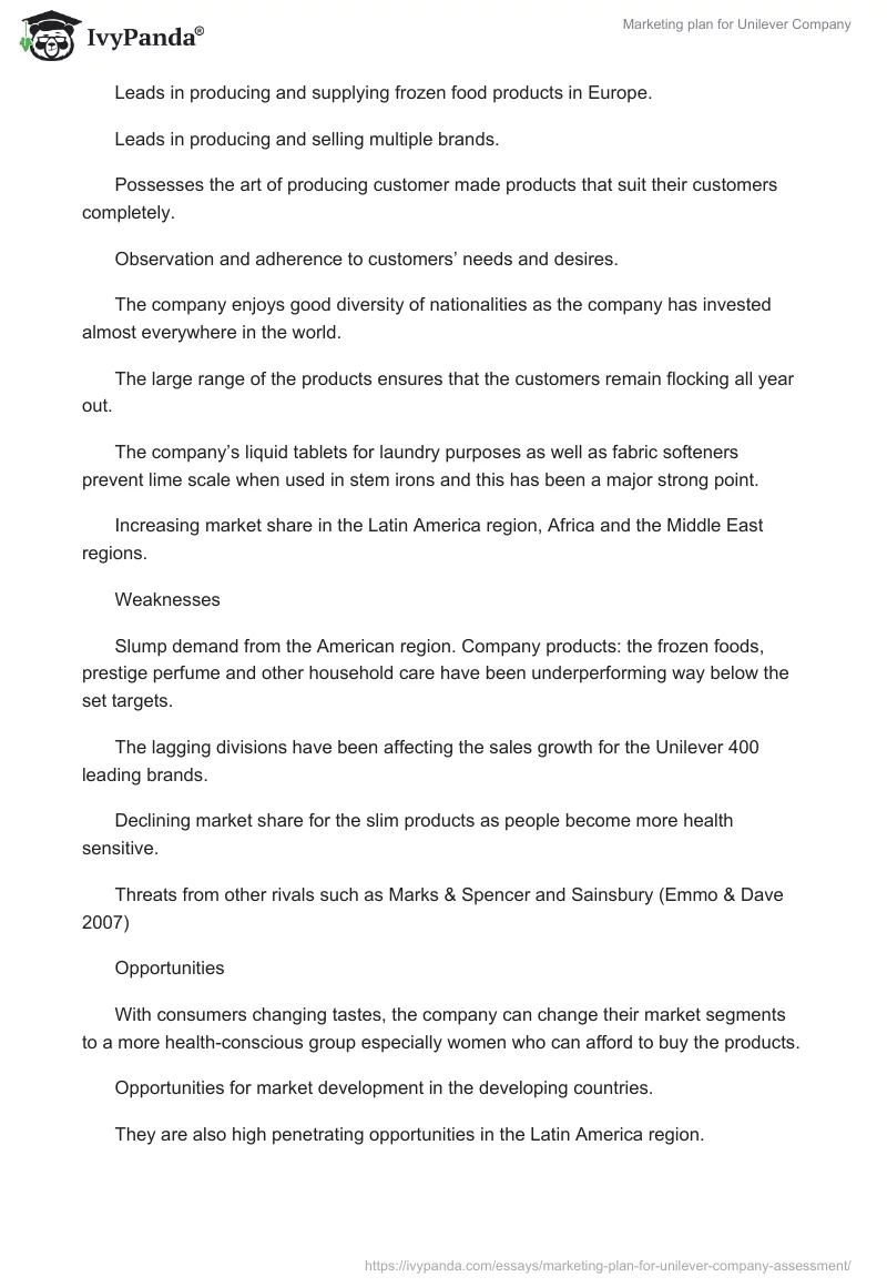 Marketing Plan for Unilever Company. Page 4