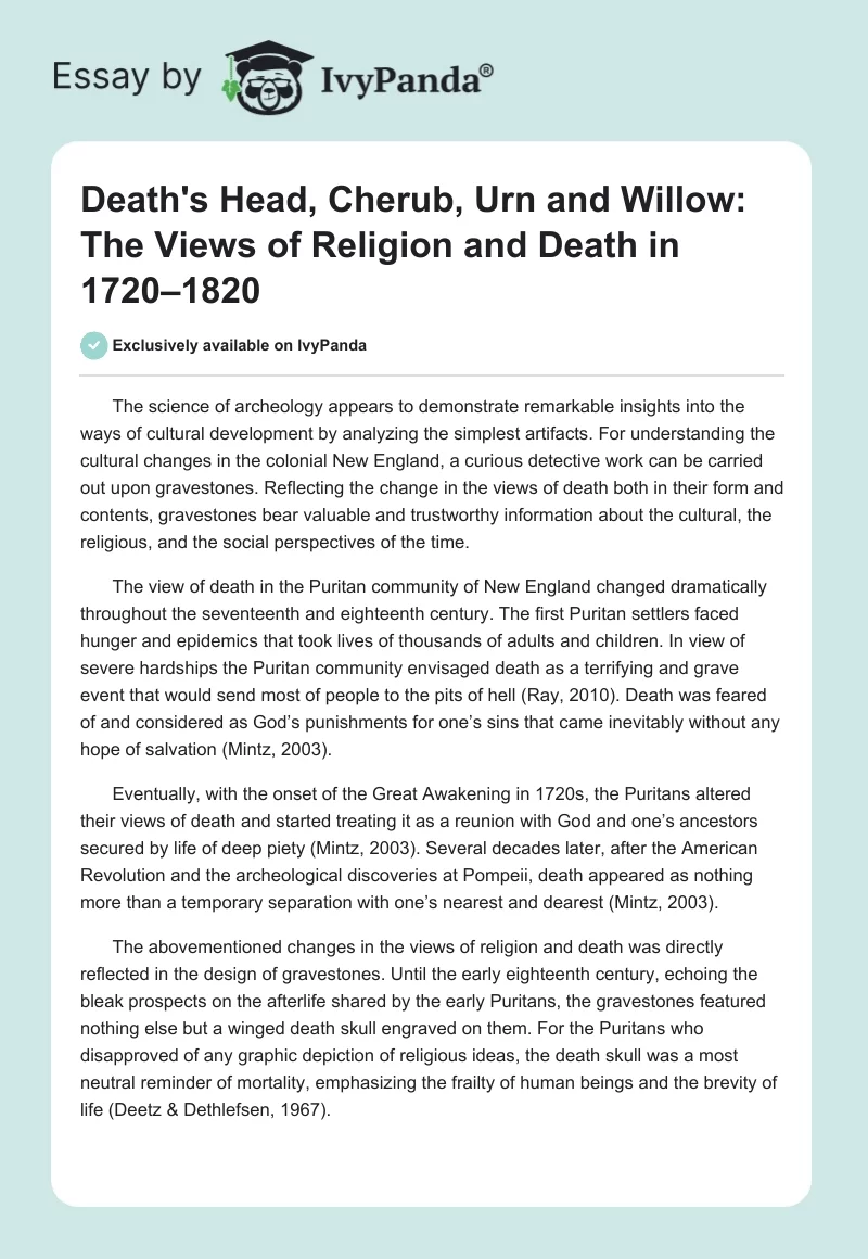 Death's Head, Cherub, Urn and Willow: The Views of Religion and Death in 1720–1820. Page 1