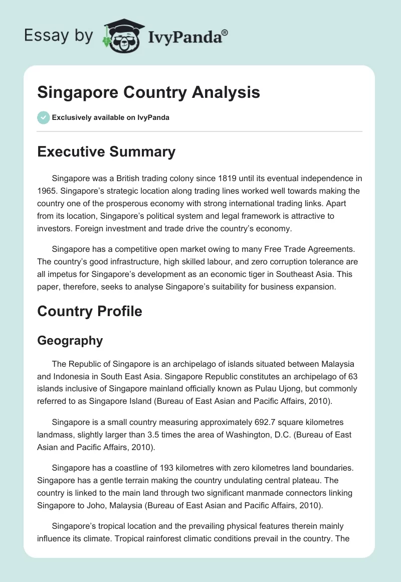 Singapore Country Analysis. Page 1