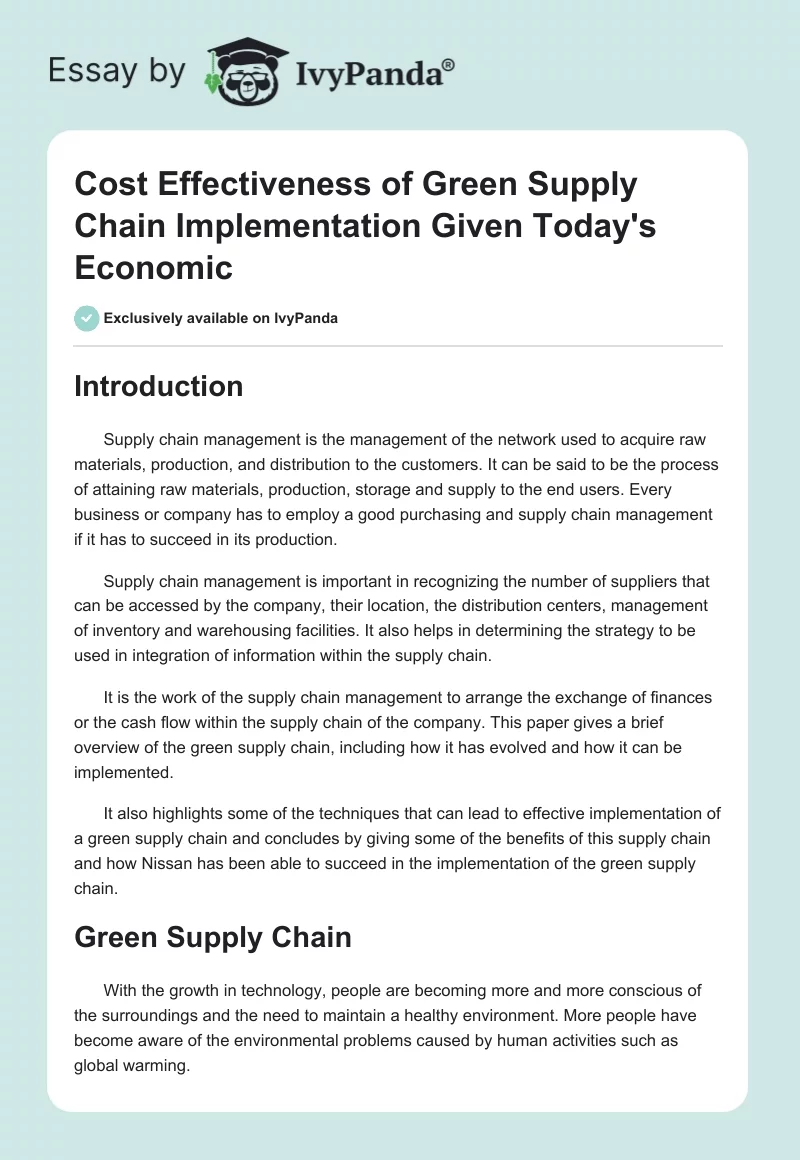 Cost Effectiveness of Green Supply Chain Implementation Given Today's Economic. Page 1