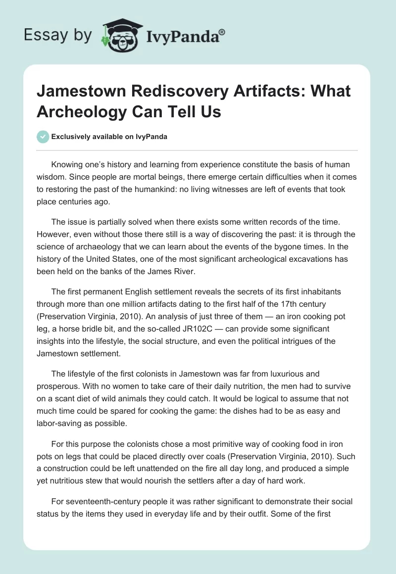 Jamestown Rediscovery Artifacts: What Archeology Can Tell Us. Page 1