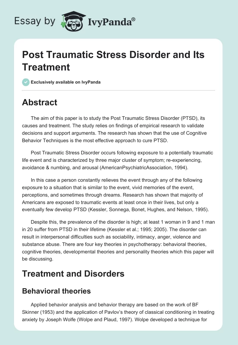Post Traumatic Stress Disorder and Its Treatment. Page 1