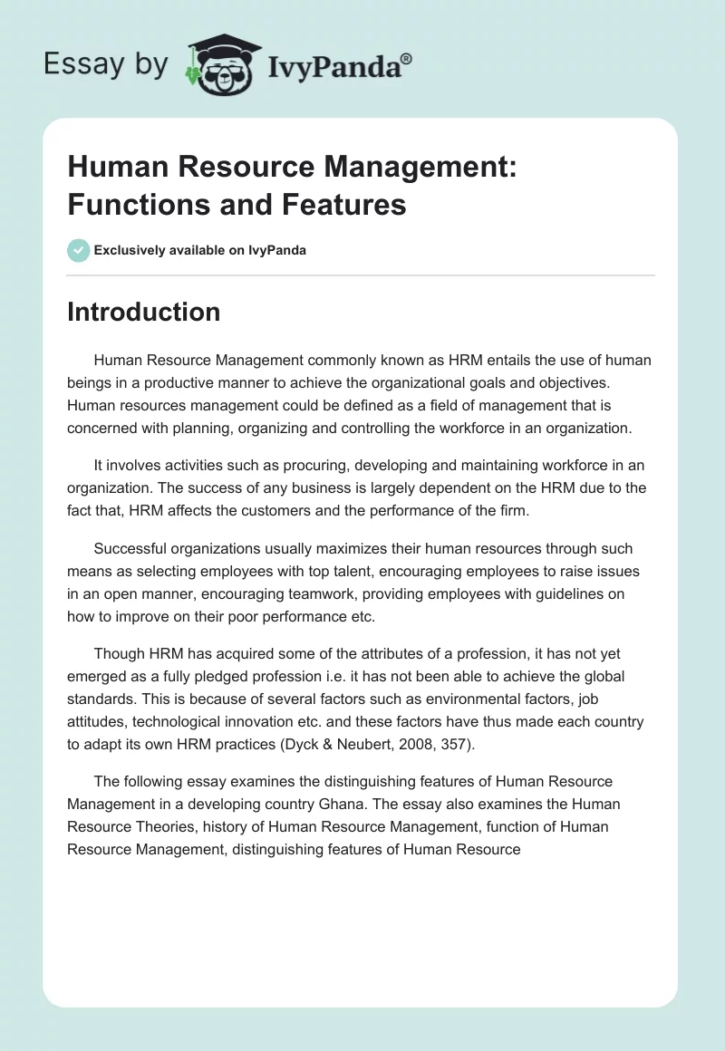 Human Resource Management: Functions and Features. Page 1