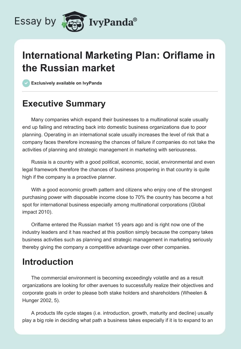 International Marketing Plan: Oriflame in the Russian market. Page 1