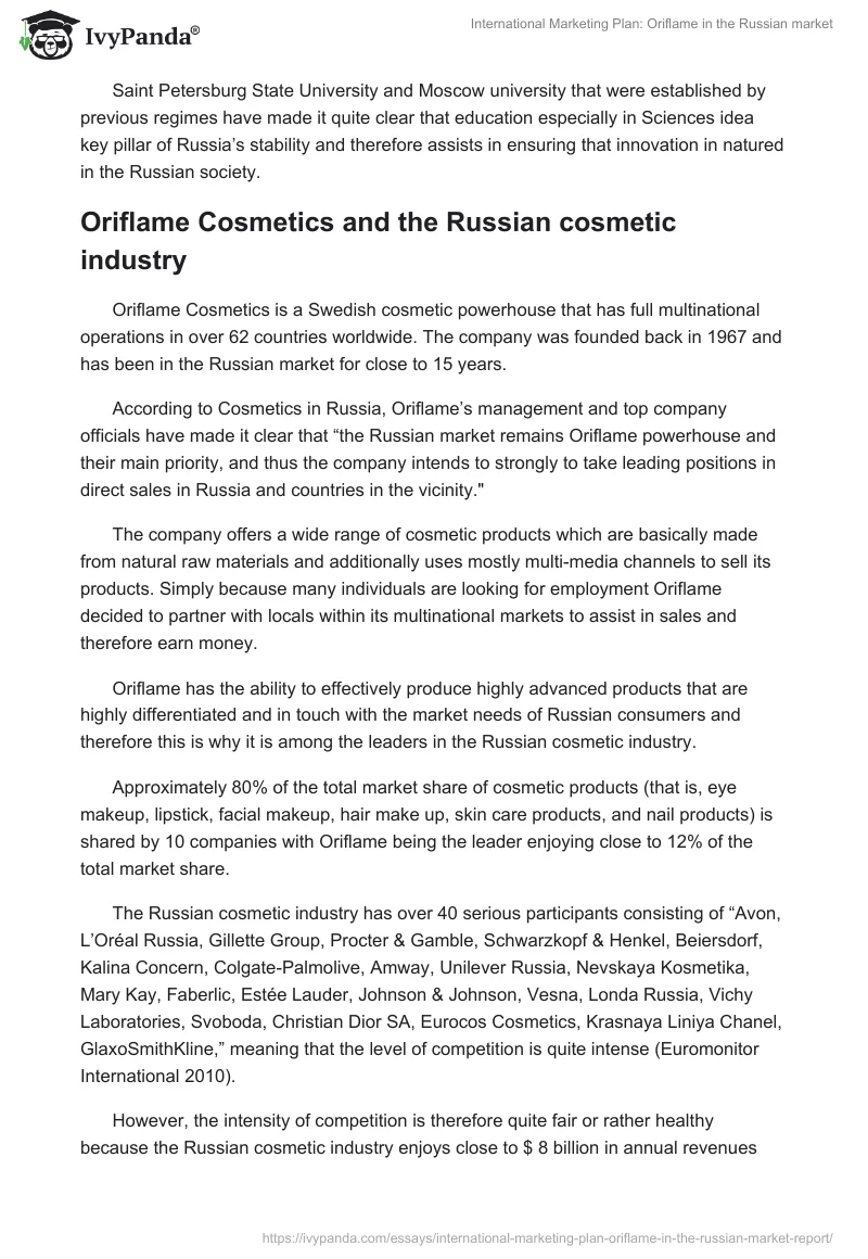 International Marketing Plan: Oriflame in the Russian market. Page 5