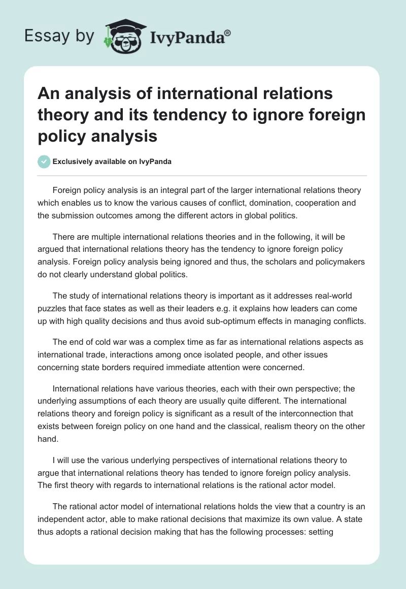 An analysis of international relations theory and its tendency to ignore foreign policy analysis. Page 1