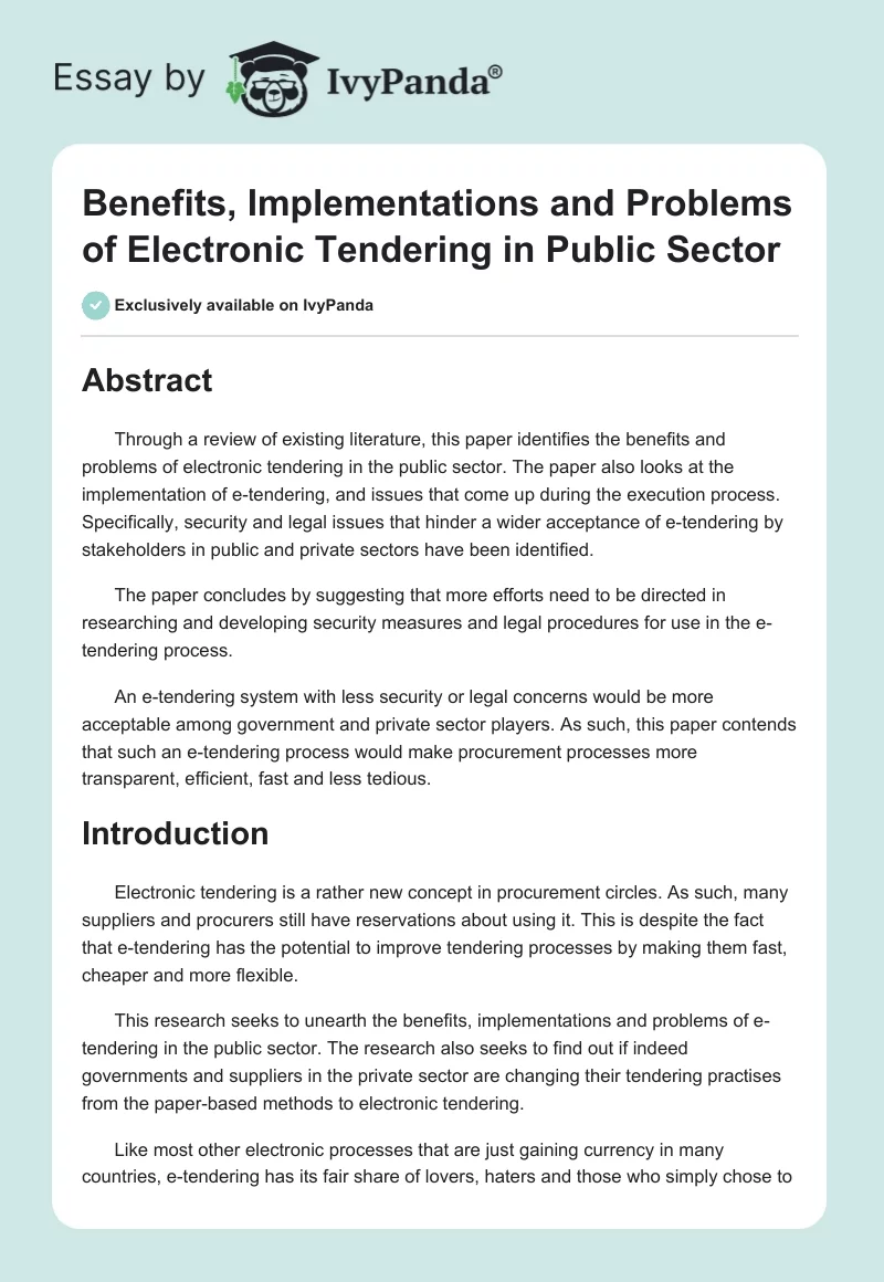 Benefits, Implementations and Problems of Electronic Tendering in Public Sector. Page 1