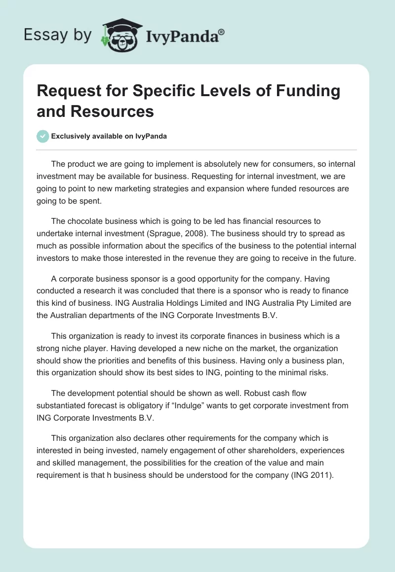 Request for Specific Levels of Funding and Resources. Page 1