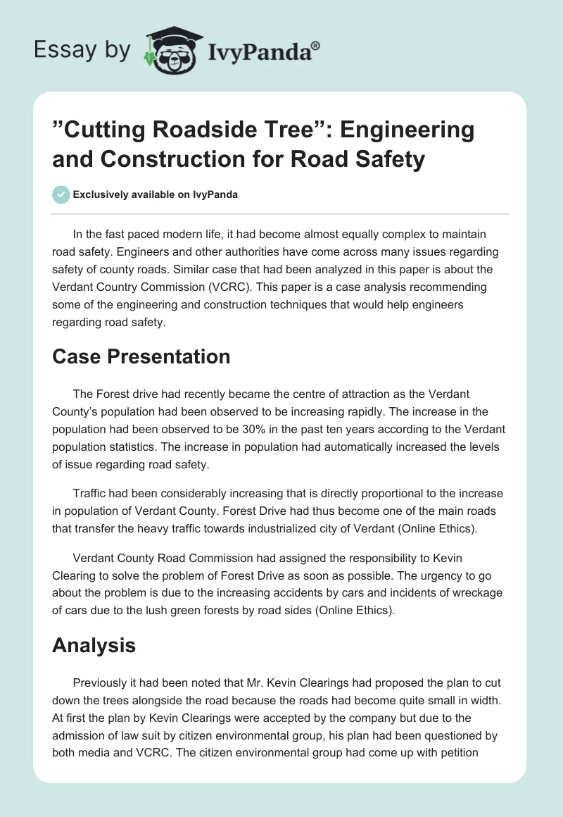 ”Cutting Roadside Tree”: Engineering and Construction for Road Safety. Page 1
