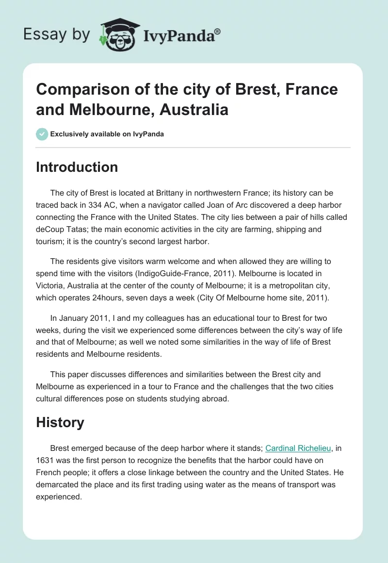 Comparison of the city of Brest, France and Melbourne, Australia. Page 1