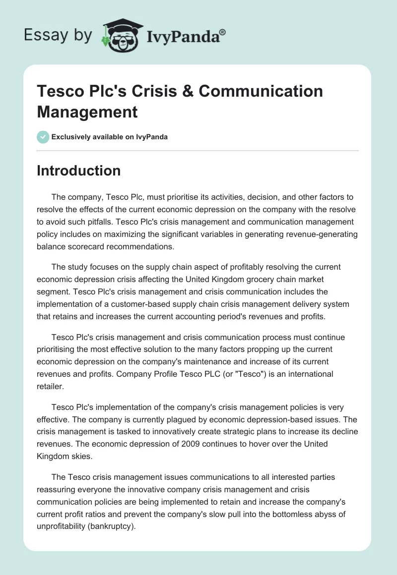 Tesco Plc's Crisis & Communication Management. Page 1