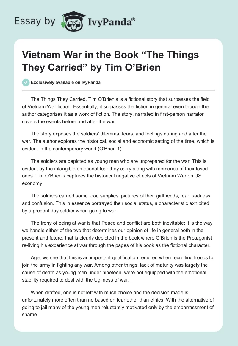 Vietnam War in the Book “The Things They Carried” by Tim O’Brien. Page 1