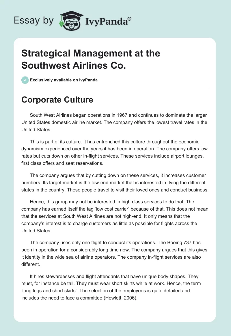 Strategical Management at the Southwest Airlines Co.. Page 1