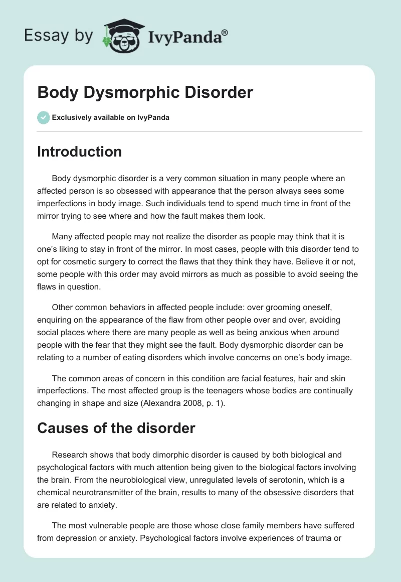 Essay about Body Dysmorphia. Page 1