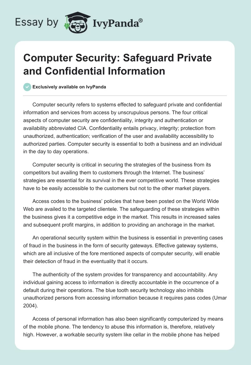 Computer Security: Safeguard Private and Confidential Information. Page 1