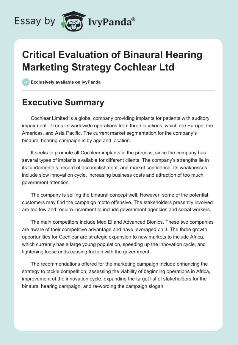Critical Evaluation of Binaural Hearing Marketing Strategy Cochlear Ltd. Page 1