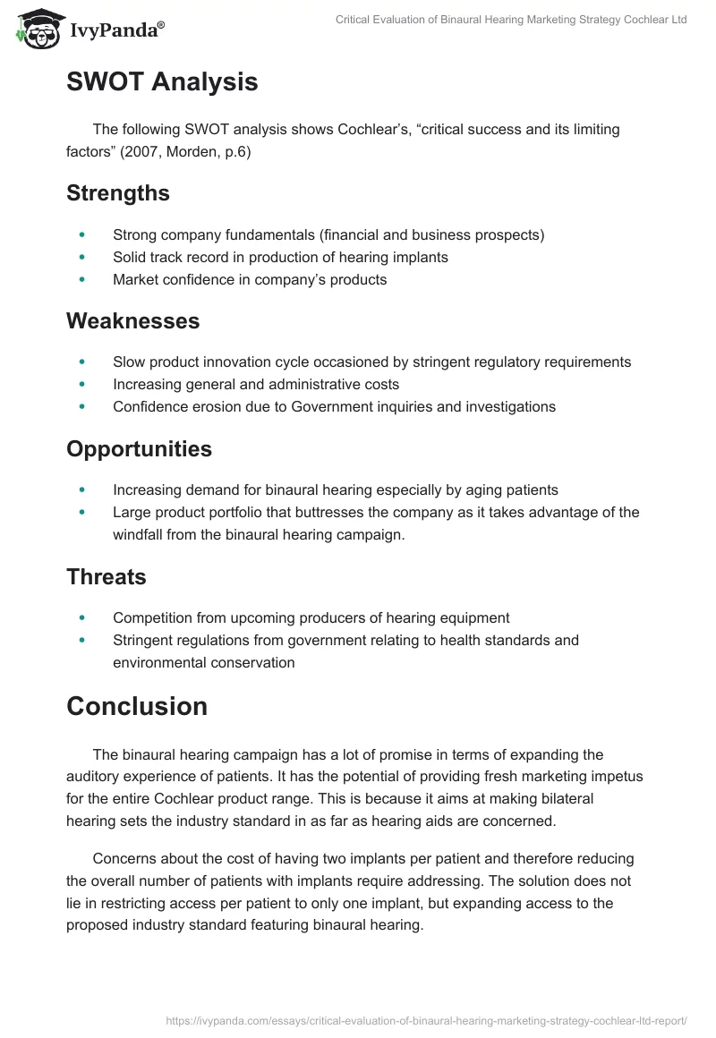 Critical Evaluation of Binaural Hearing Marketing Strategy Cochlear Ltd. Page 5