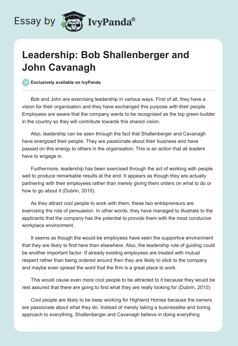 Leadership: Bob Shallenberger and John Cavanagh. Page 1