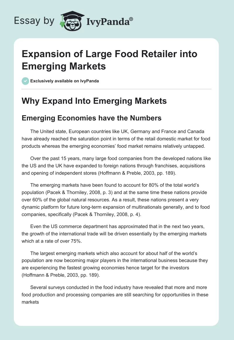 Expansion of Large Food Retailer into Emerging Markets. Page 1