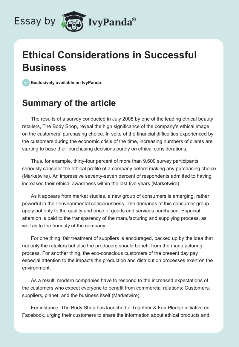 Ethical Considerations in Successful Business. Page 1