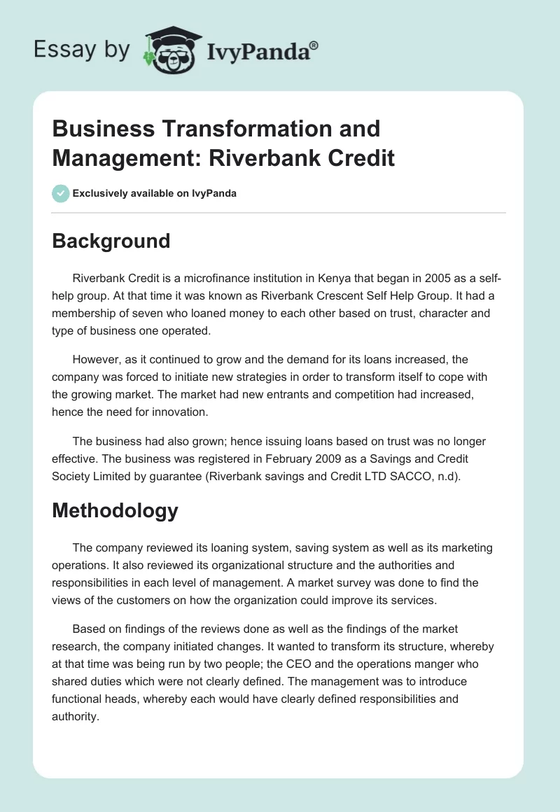 Business Transformation and Management: Riverbank Credit. Page 1