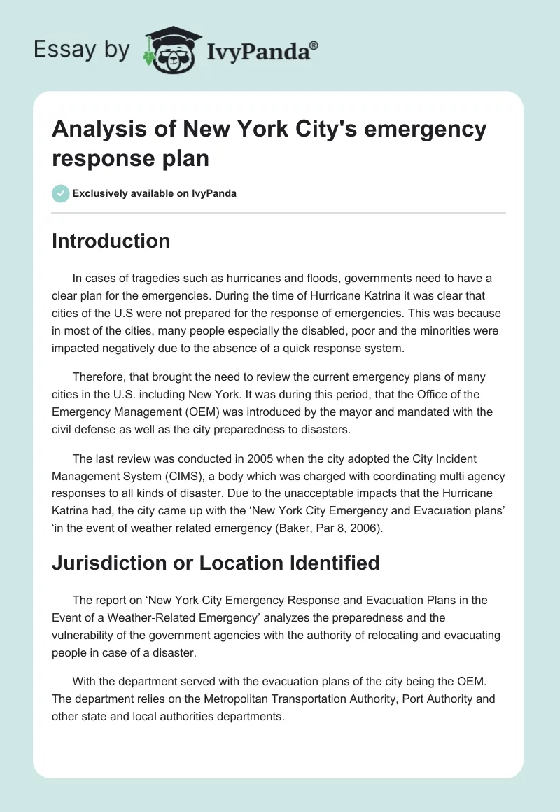 Analysis of New York City's emergency response plan. Page 1
