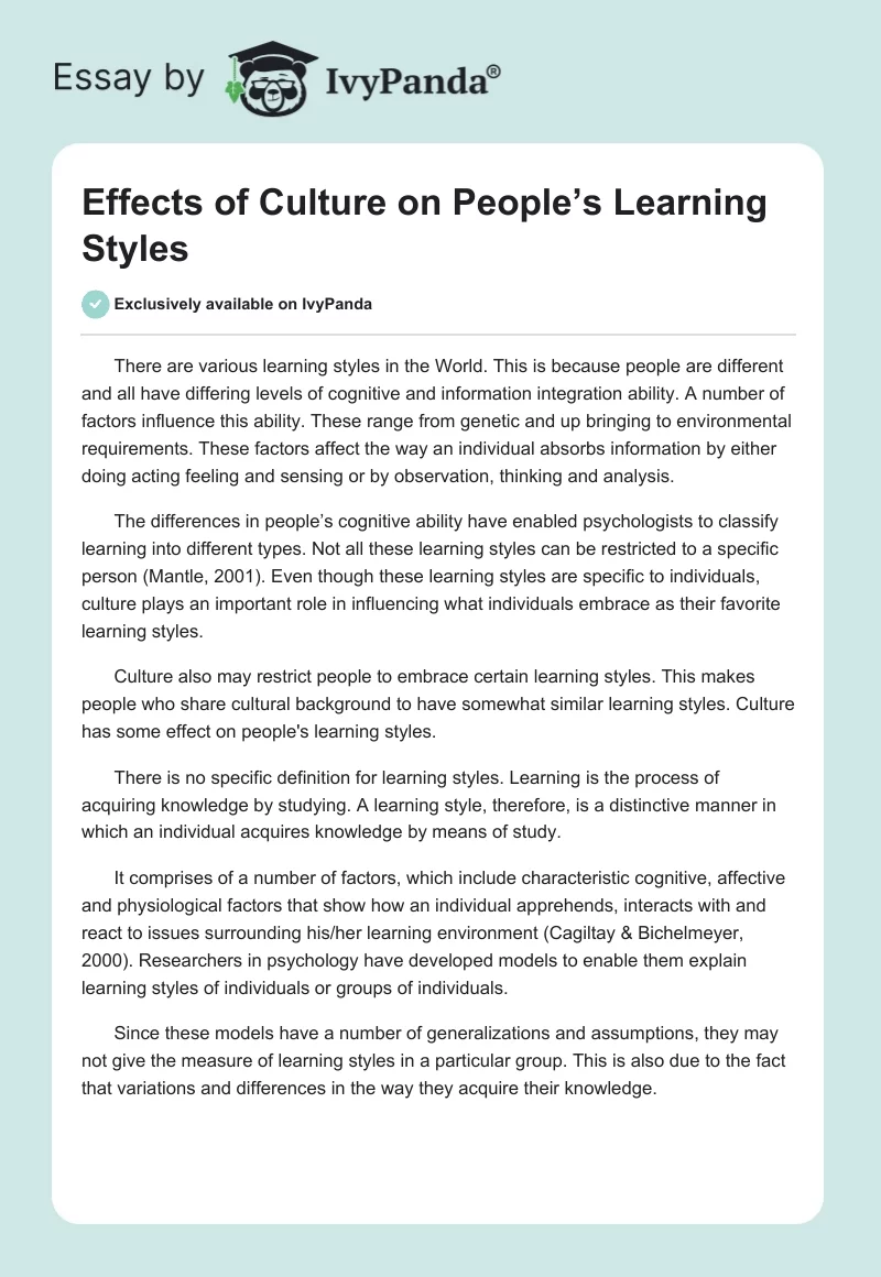 Effects of Culture on People’s Learning Styles. Page 1