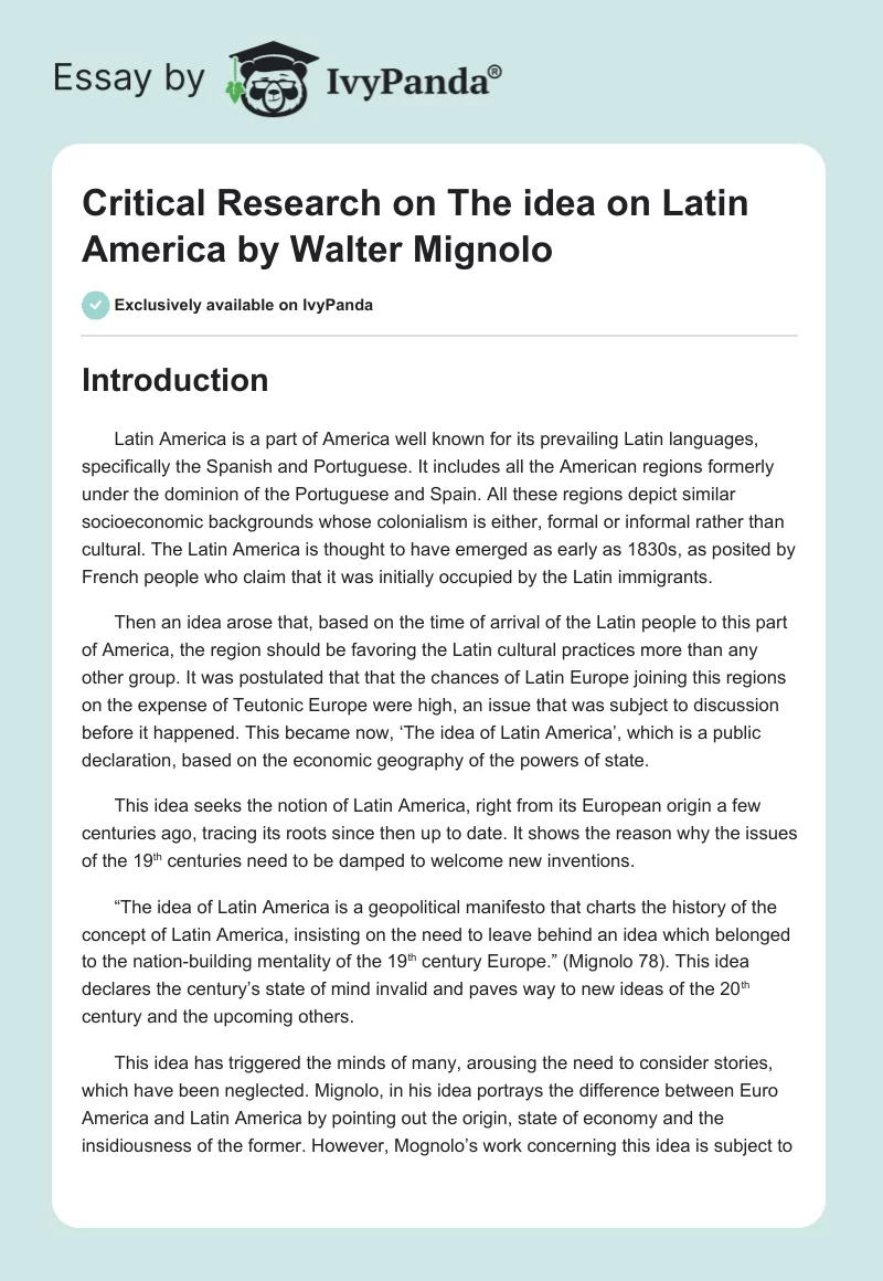 Critical Research on "The idea on Latin America" by Walter Mignolo. Page 1