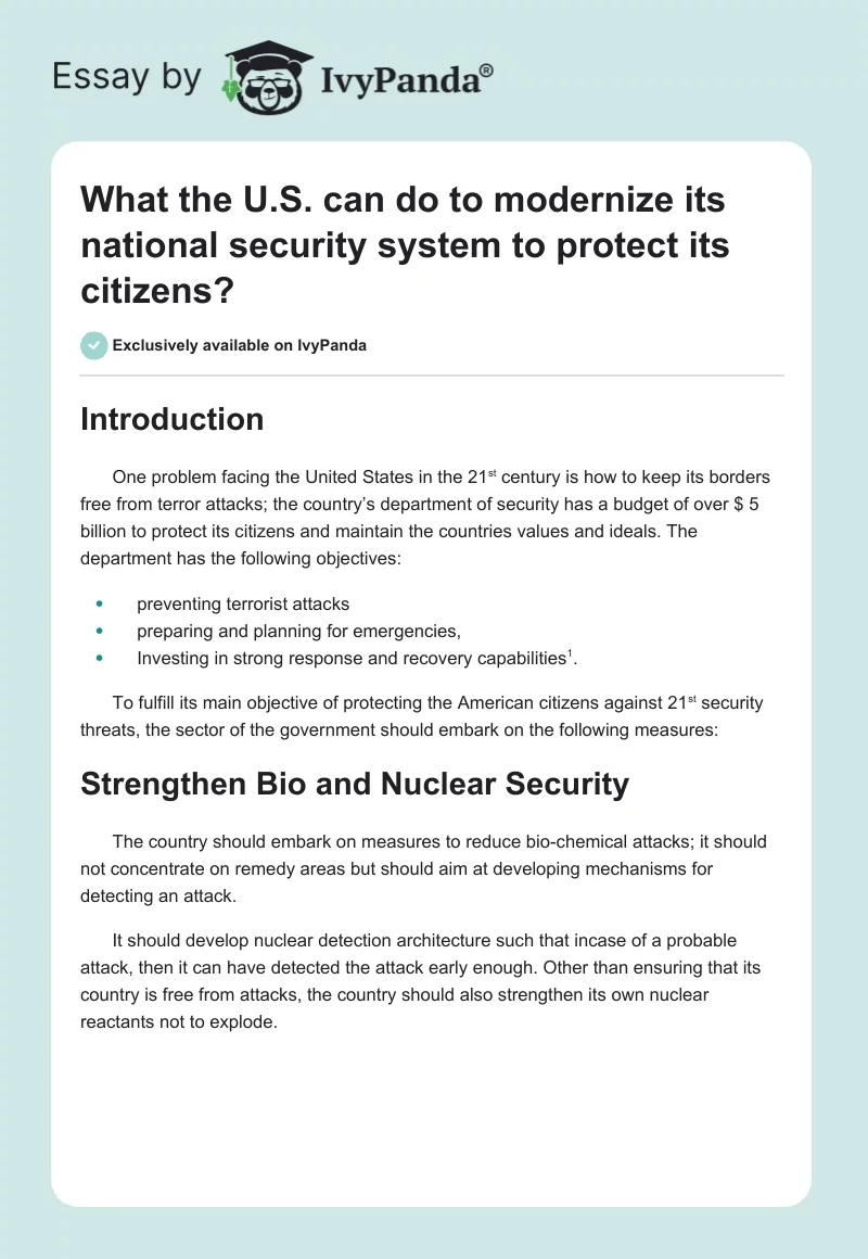What the U.S. can do to modernize its national security system to protect its citizens?. Page 1