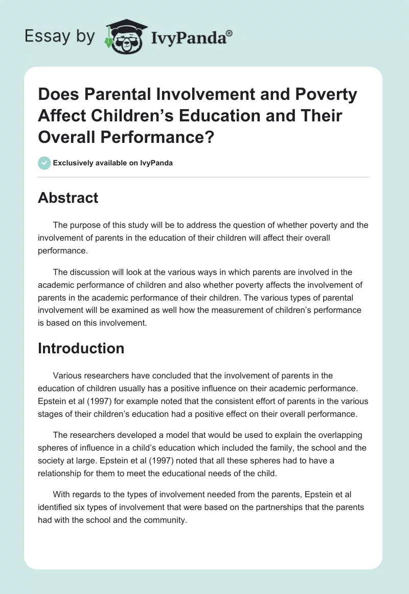 Does Parental Involvement and Poverty Affect Children’s Education and Their Overall Performance?. Page 1