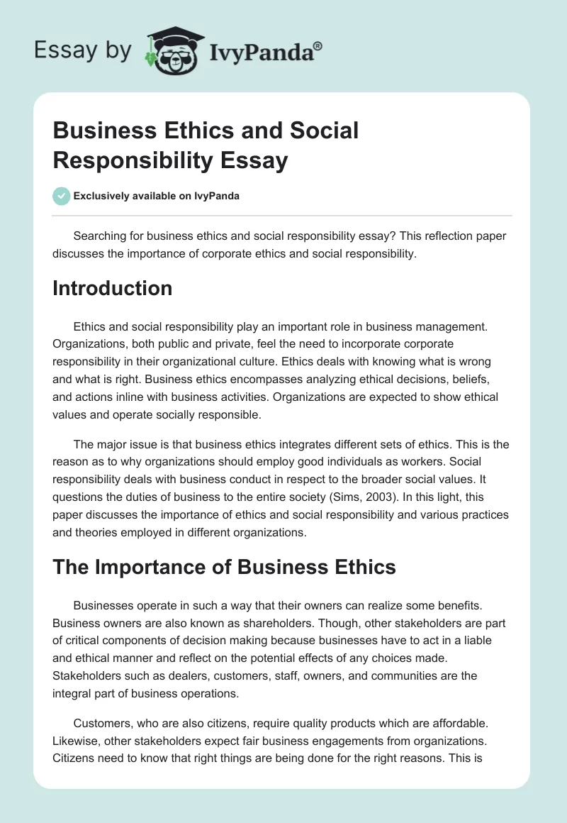 Business Ethics and Social Responsibility Essay. Page 1