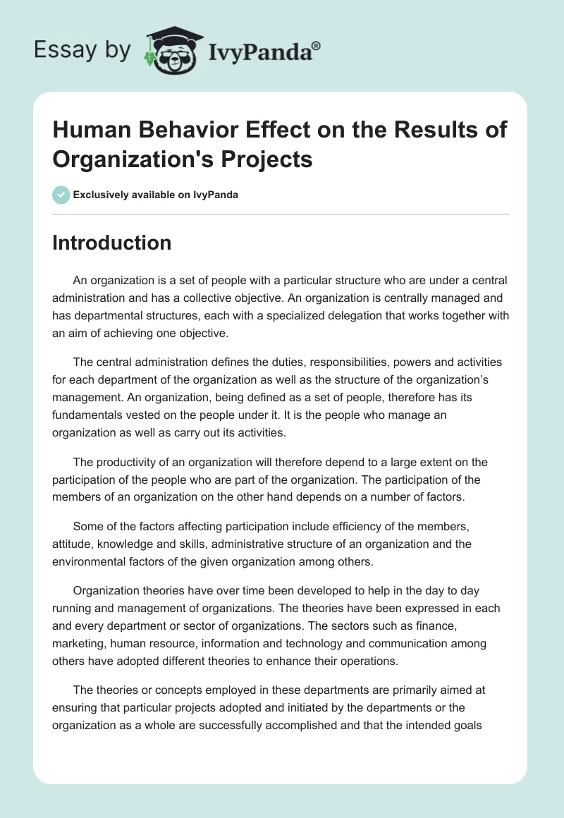 Human Behavior Effect on the Results of Organization's Projects. Page 1