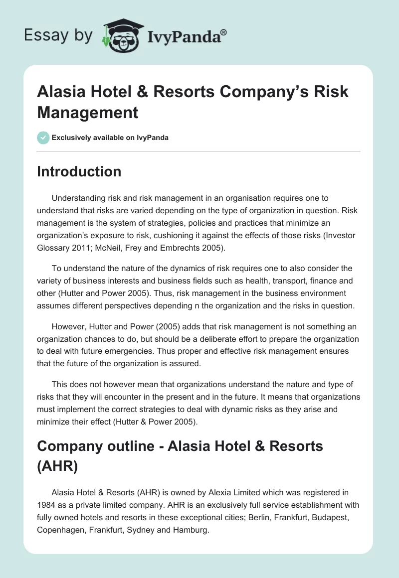 Alasia Hotel & Resorts Company’s Risk Management. Page 1