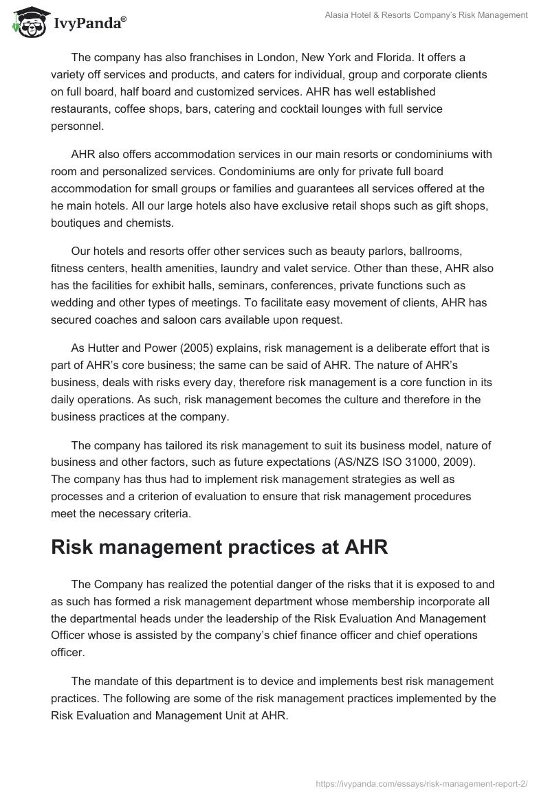 Alasia Hotel & Resorts Company’s Risk Management. Page 2