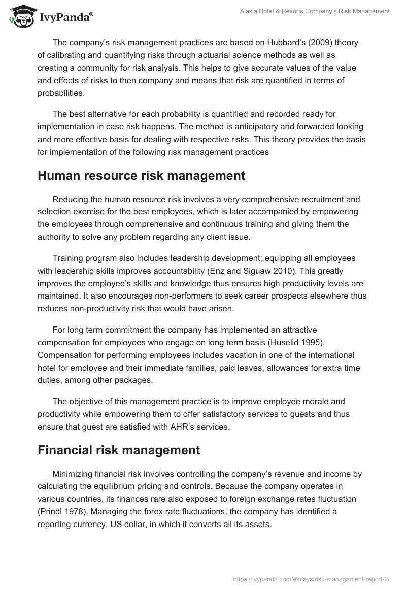 Alasia Hotel & Resorts Company’s Risk Management. Page 3