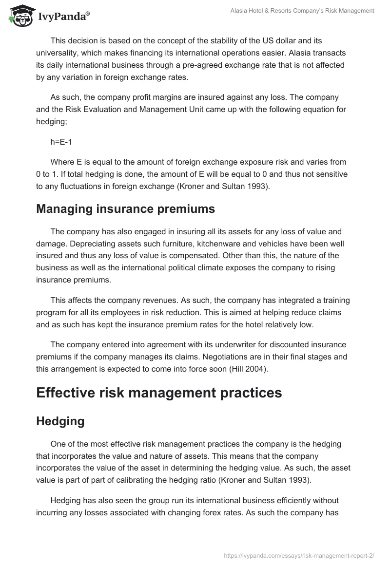 Alasia Hotel & Resorts Company’s Risk Management. Page 4