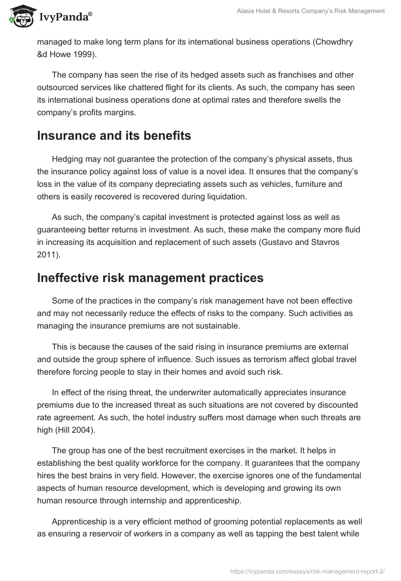 Alasia Hotel & Resorts Company’s Risk Management. Page 5