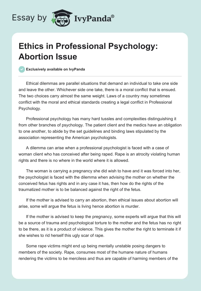 Ethics in Professional Psychology: Abortion Issue. Page 1