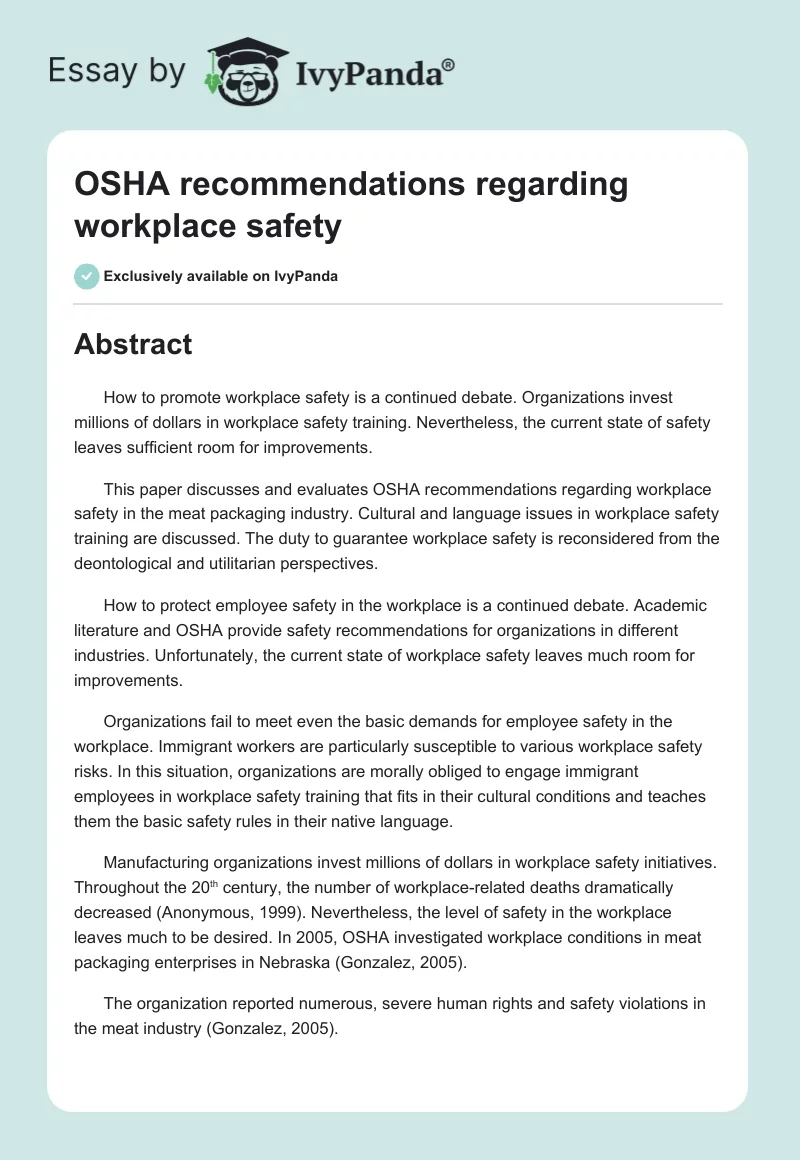 OSHA recommendations regarding workplace safety. Page 1