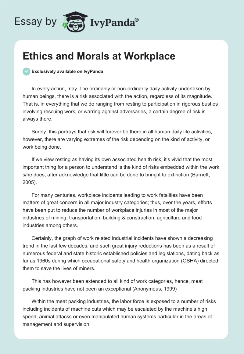 Ethics and Morals at Workplace. Page 1