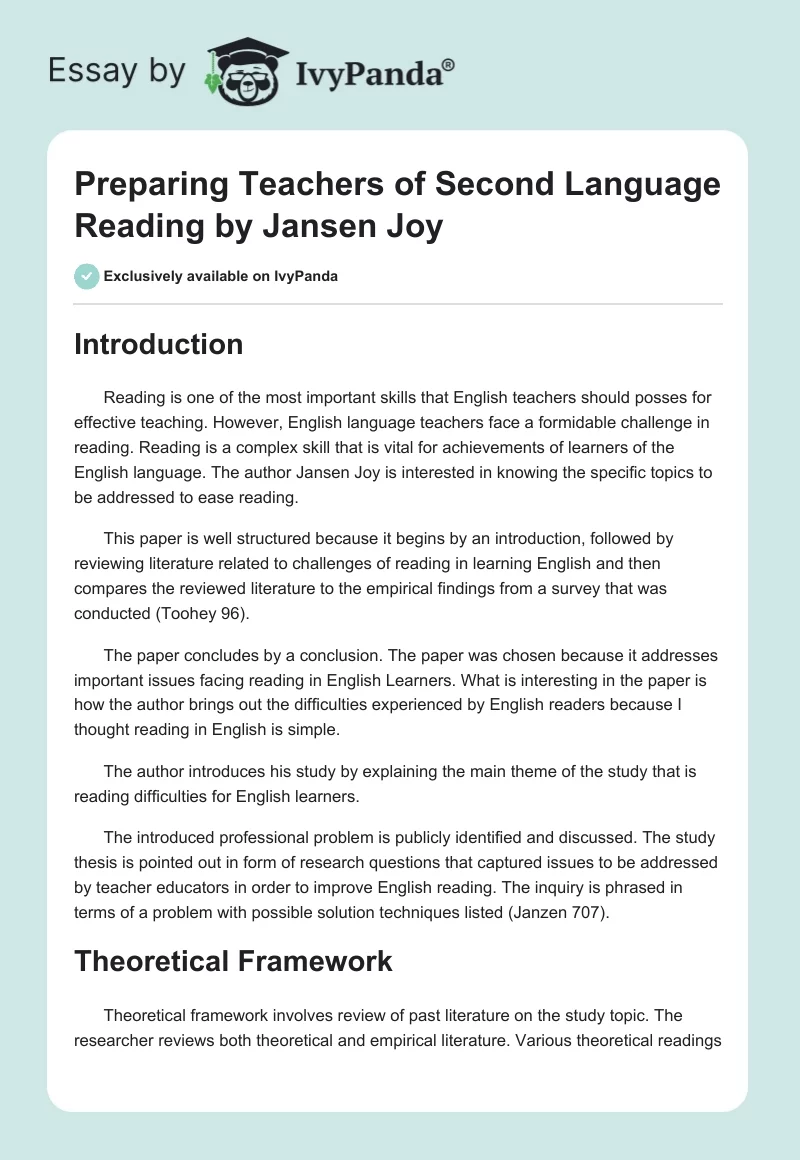 "Preparing Teachers of Second Language Reading" by Jansen Joy. Page 1